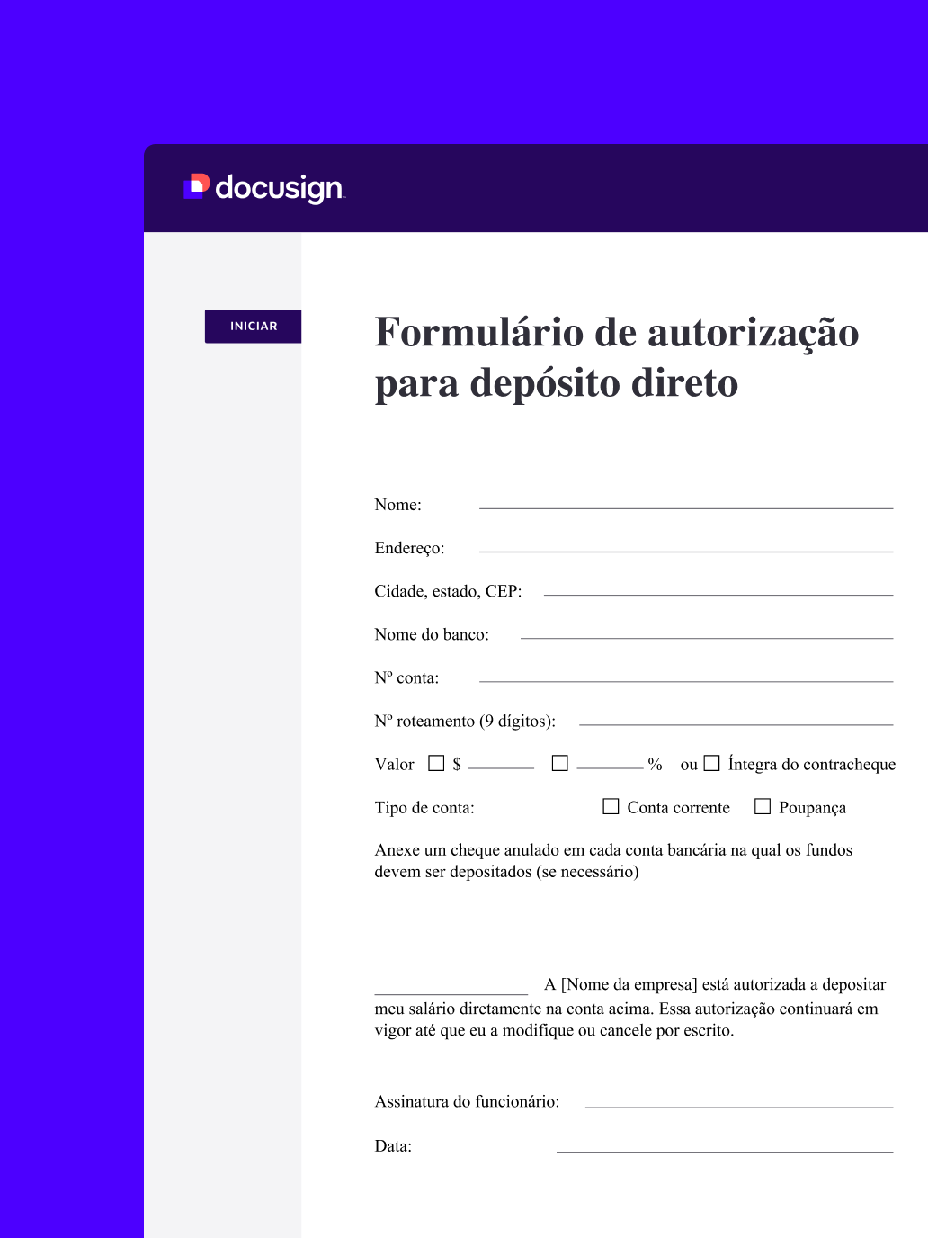 Formulário de autorização de depósito direto no Docusign eSignature