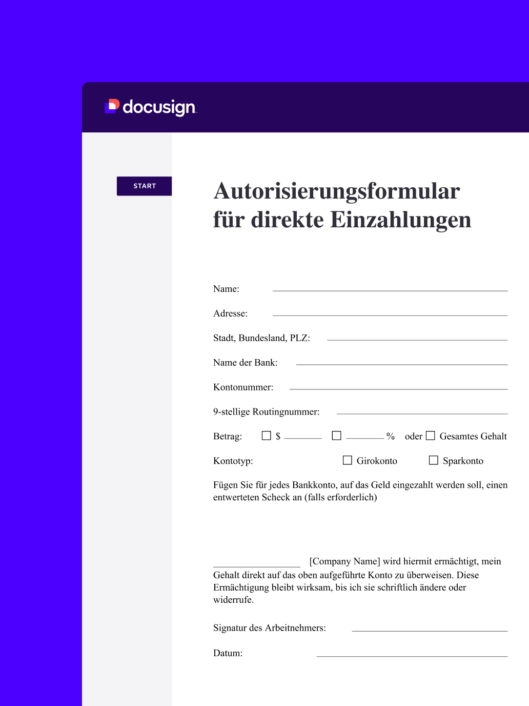 Ein Autorisierungsformular für Direkteinzahlungen in Docusign eSignature