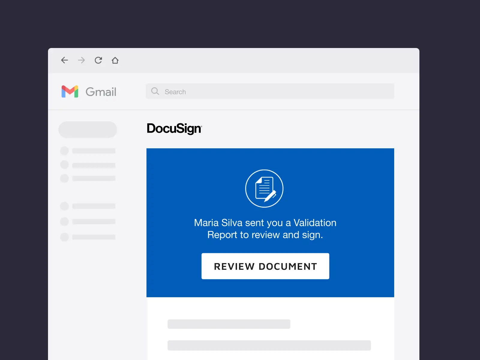 Screenshot of an email from DocuSign containing a document for the recipient to review and sign