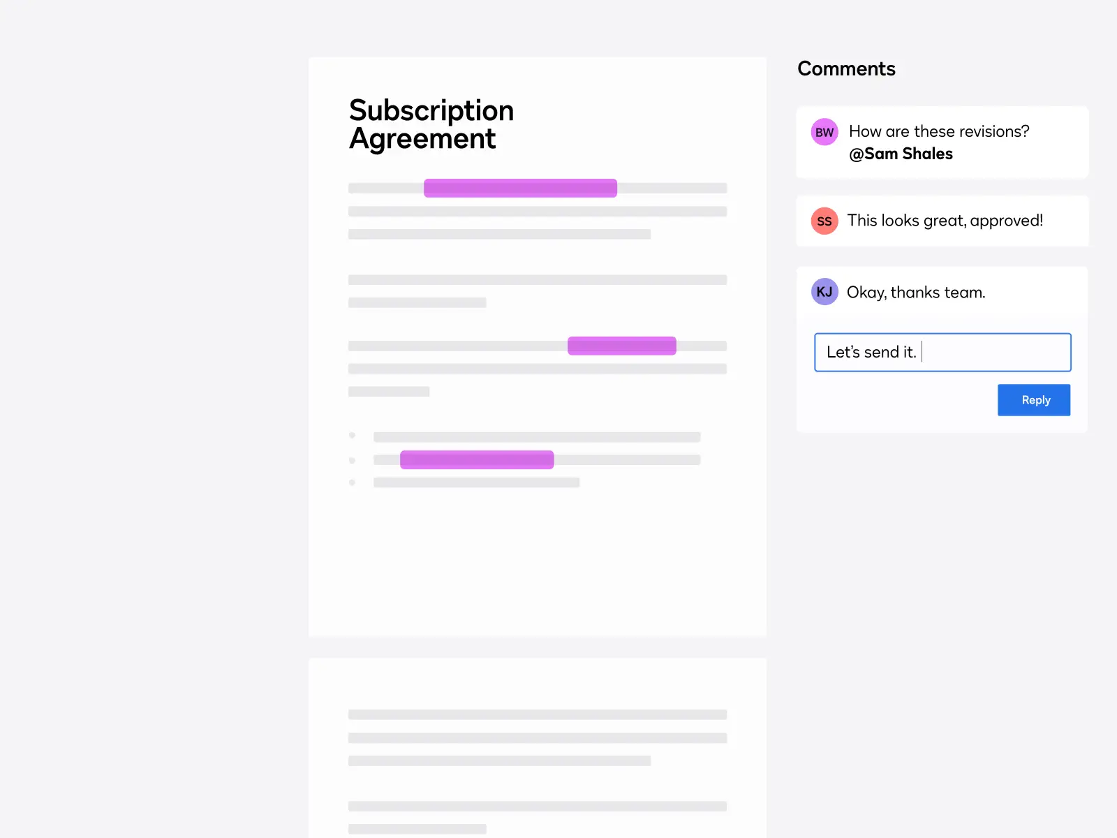 CLM product image of a master subscription and service agreement showing collaboration through user comments.