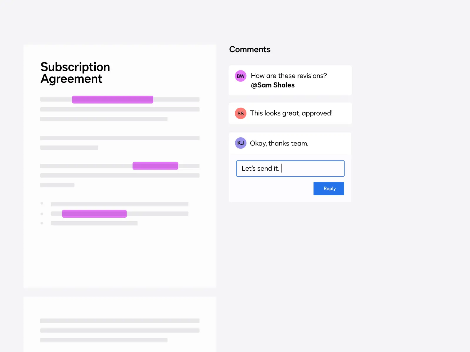 CLM product image of a master subscription and service agreement showing collaboration through user comments.