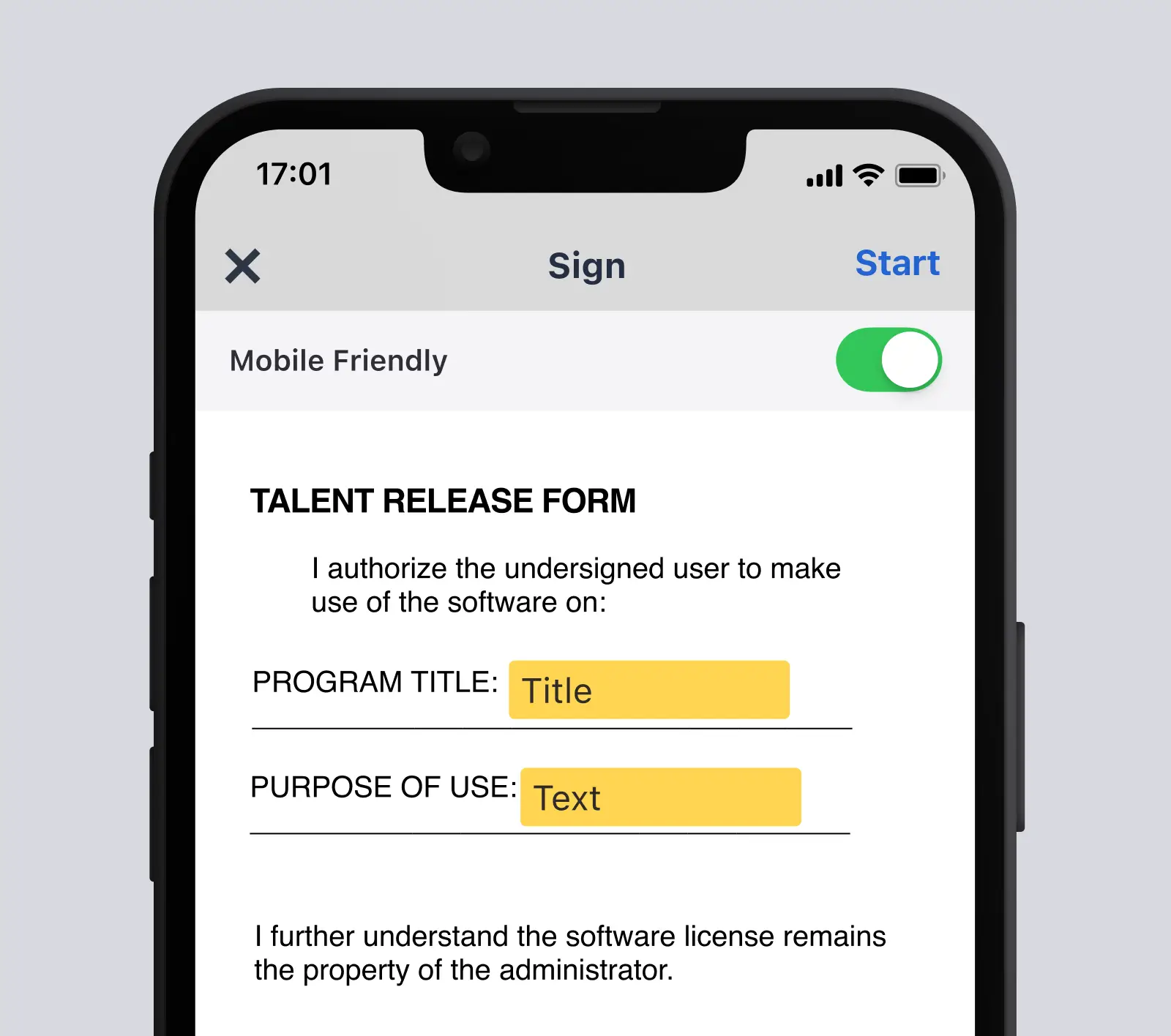 Phone screen showing a talent release form in the DocuSign app with fields for title and text