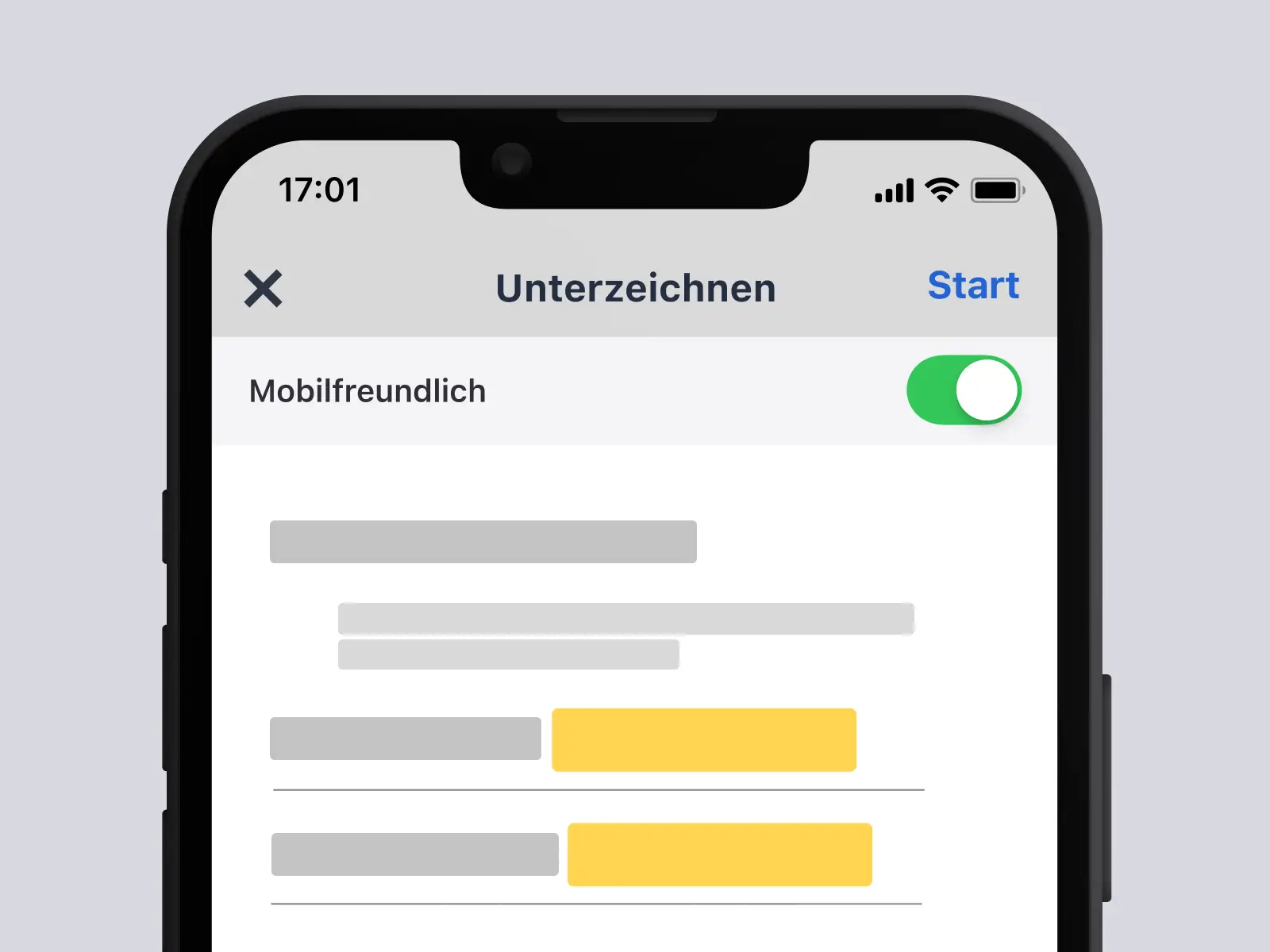 Handydisplay, das ein Talentfreigabeformular in der DocuSign-App mit Feldern für Titel und Text zeigt