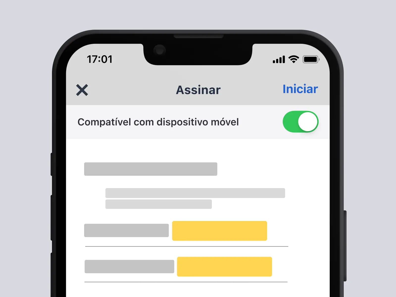 Tela de telefone mostrando o formulário de liberação de um talento no aplicativo da DocuSign com campos para título e texto