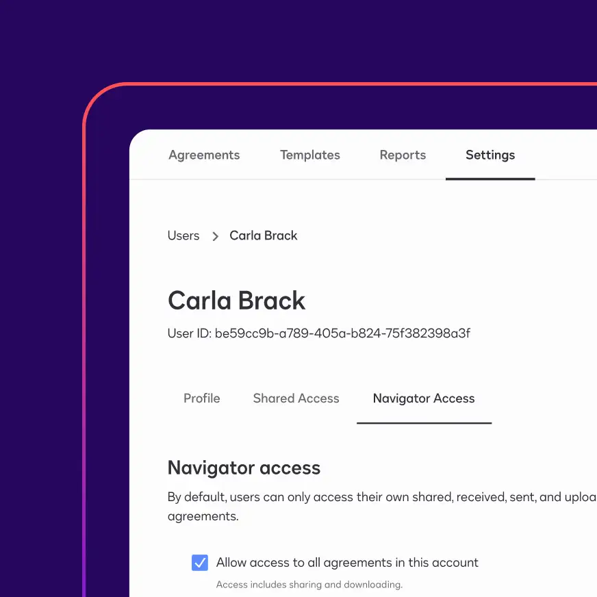 A user profile in Docusign Navigator shows a dropdown menu where you can set whether the user can view or manage agreements