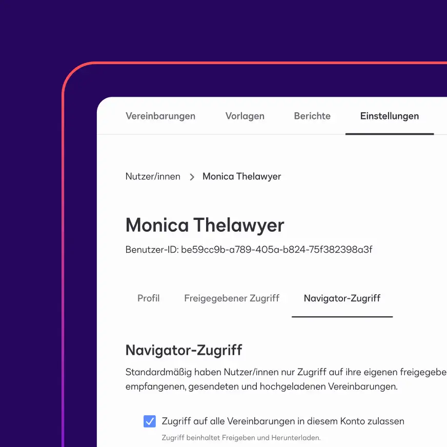 Ein Nutzerprofil in Docusign Navigator mit einem Drop-down-Menü zur Festlegung, ob der Nutzer Vereinbarungen anzeigen oder verwalten kann