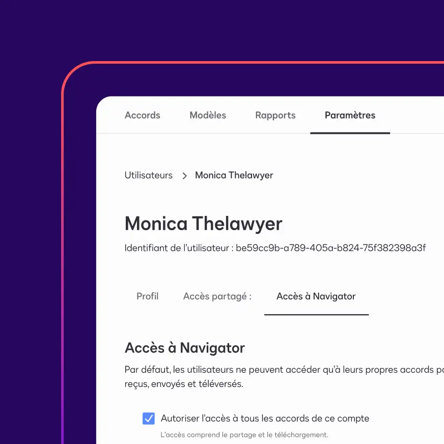 Un profil utilisateur dans Docusign Navigator, affichant un menu déroulant depuis lequel vous pouvez configurer les droits de l’utilisateur en matière de consultation et de gestion des accords