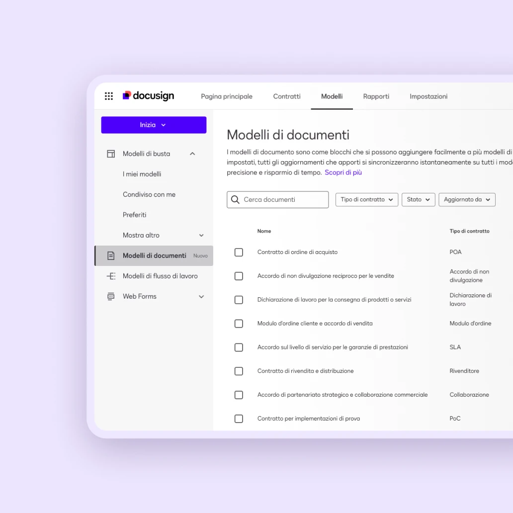 Interfaccia di preparazione degli accordi Docusign per la gestione dei modelli di accordo