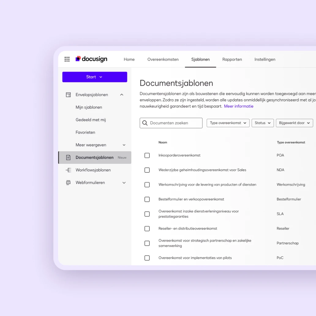 Docusign Overeenkomst Voorbereiding UI voor het beheren van overeenkomst sjablonen