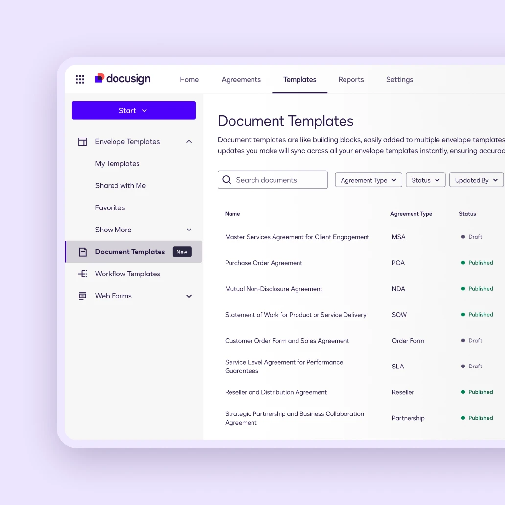 Docusign Agreement Preparation UI for managing agreement templates