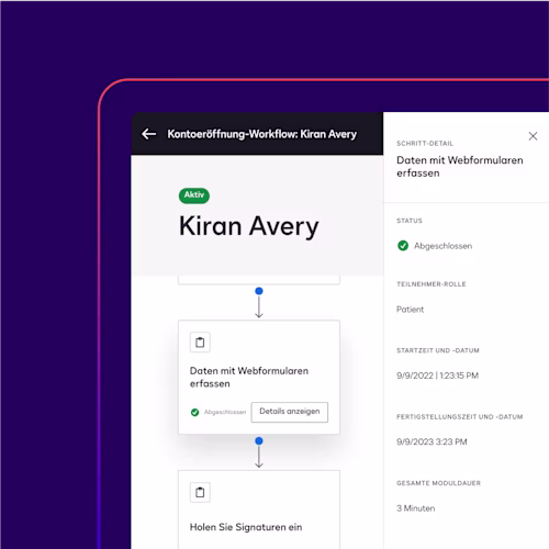 Ein Bildschirm in Docusign Maestro zeigt Details an, einschließlich Startzeit, Abschlusszeit und -datum und die gesamte Moduldauer eines Workflow-Datenerfassungschritts
