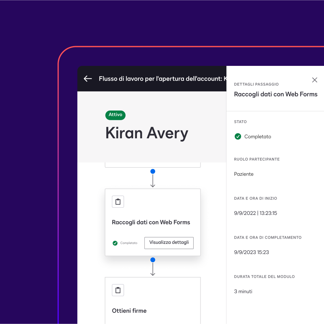 A screen in Docusign Maestro shows details, including start time, completion time and date, and total module duration of a data collection workflow step.