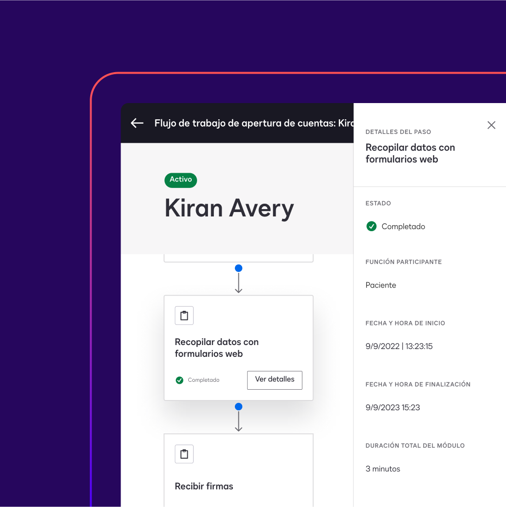 A screen in Docusign Maestro shows details, including start time, completion time and date, and total module duration of a data collection workflow step.