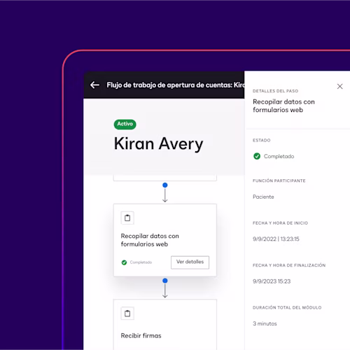A screen in Docusign Maestro shows details, including start time, completion time and date, and total module duration of a data collection workflow step.
