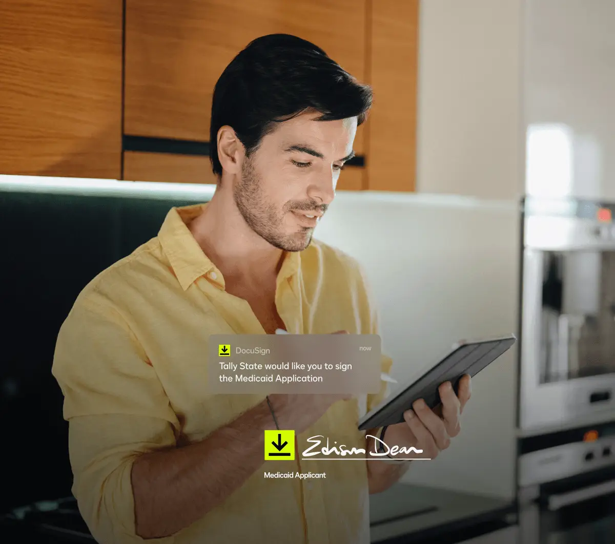 A notification from DocuSign asks a user to sign a Medicaid application form, and an applicant signs the form on a tablet.
