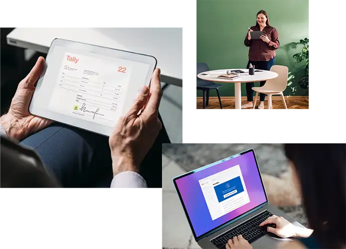 Lady holding a tablet reviewing DocuSign electronic signature capabilities.
Man holding a tablet and using DocuSign to electronically sign a document.
Woman opening a document on her laptop that shows the ease of using DocuSign vs HelloSign.