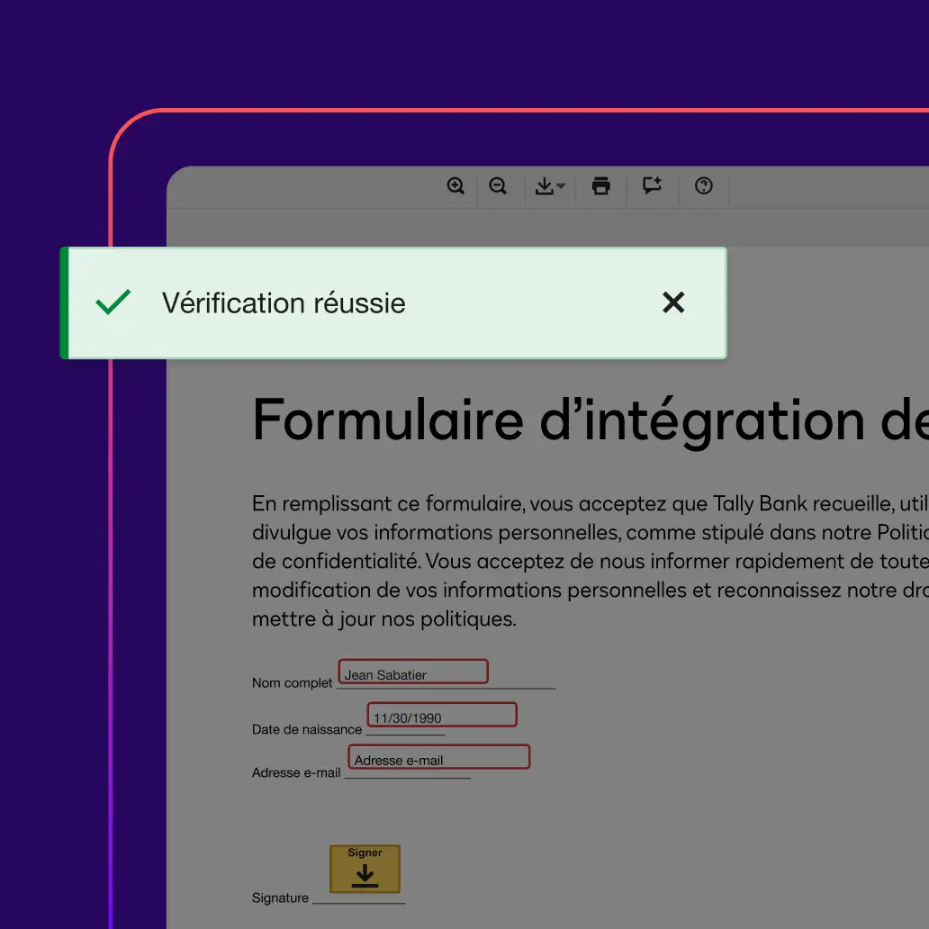 Une notification dans l'outil de vérification des données de Docusign affiche « Vérification réussie » accompagnée d’une coche verte