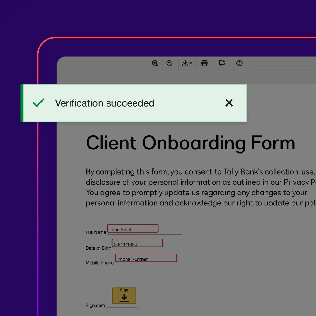A notification in Docusign Data Verification says 'Verification succeeded' next to a green tick mark
