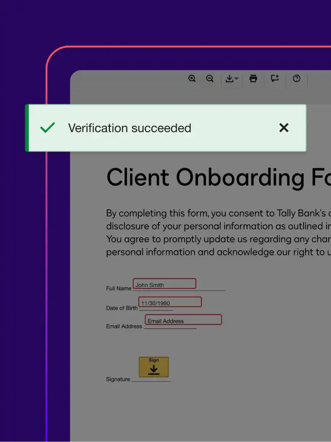 A notification in Docusign Data Verification says "Verification succeeded" next to a green checkmark