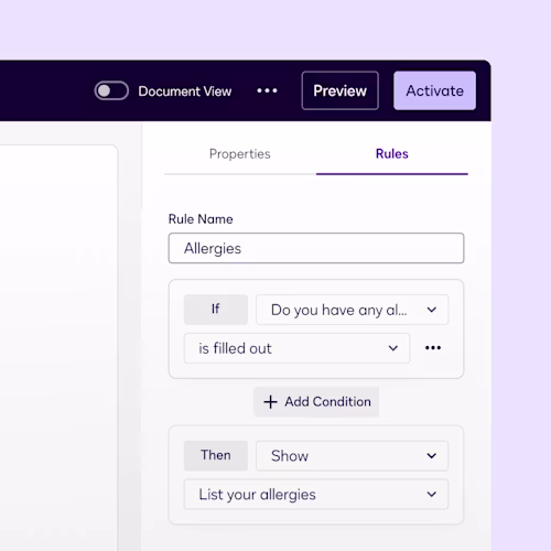 Docusign Web Forms screen showing how a user can set up conditional logic for forms.