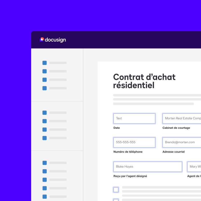 Interface utilisateur affichant un contrat d’achat Docusign