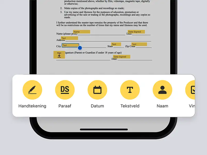 Telefoonscherm met document in de DocuSign-app met opties voor het toevoegen van een handtekening, initialen, datum en meer