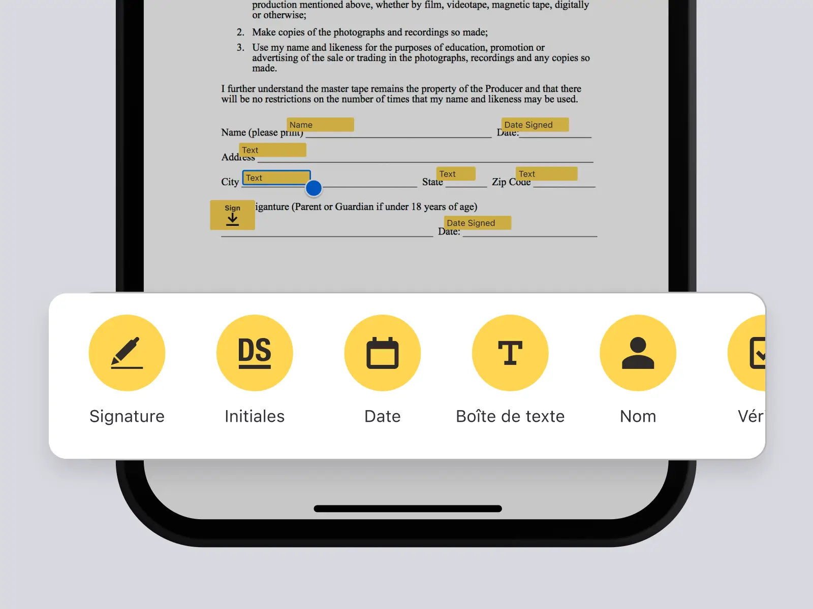 Écran de téléphone montrant un document dans l’application DocuSign avec des options pour ajouter une signature, des initiales, une date, et plus encore