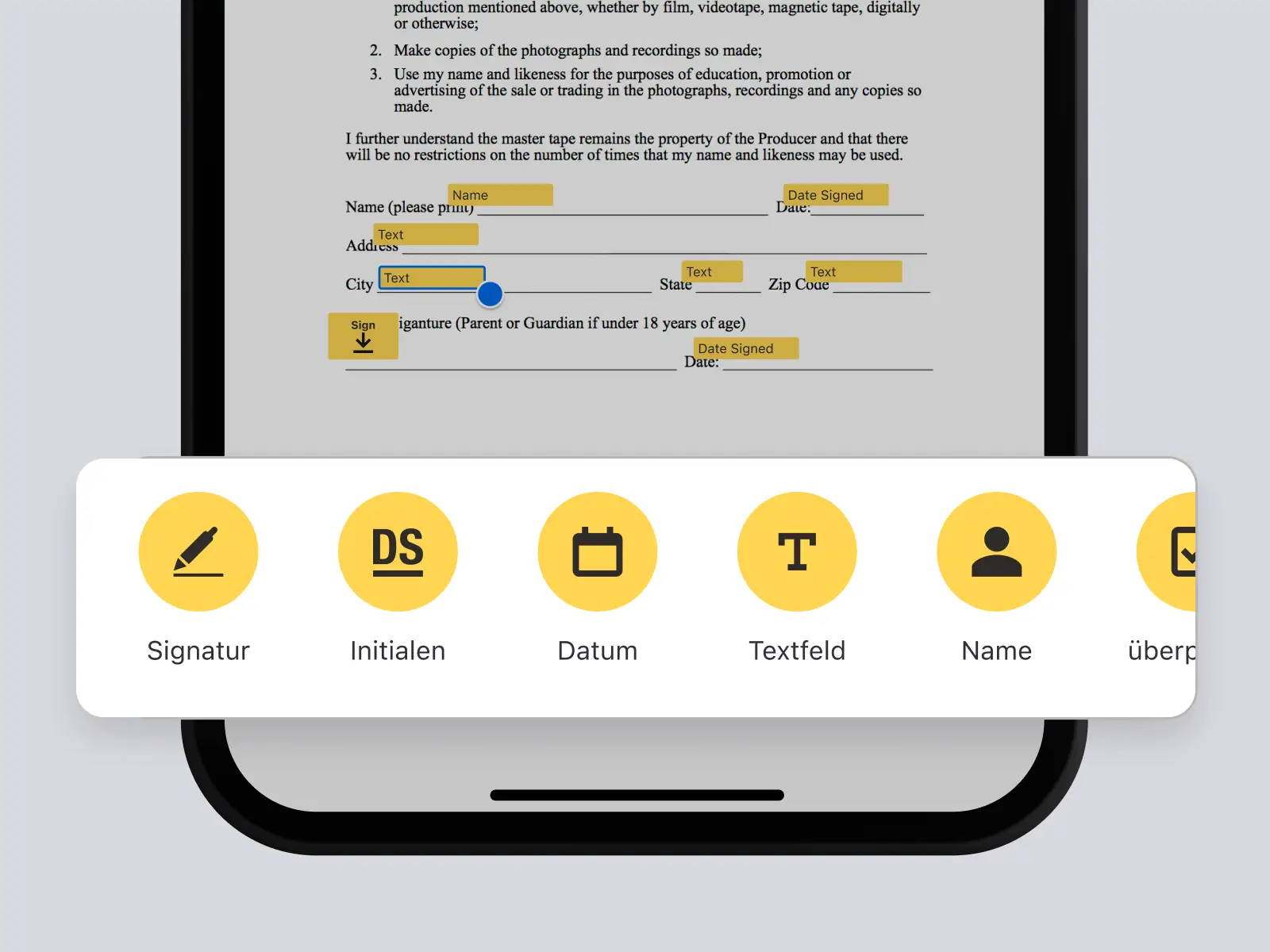 Handydisplay mit Dokument in der DocuSign-App mit Optionen zum Hinzufügen einer Signatur, Initialen, Datum und mehr