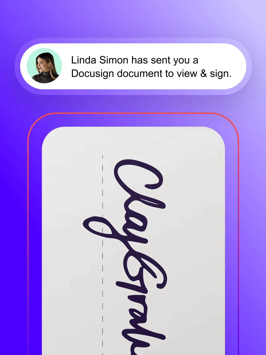 Docusign signature where Linda Simon sends a document to view & sign, featuring a stylized signature on a colorful background.