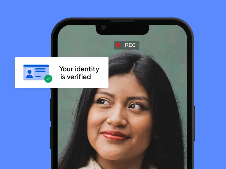 Notification that a user's identity is verified on top of a video verification screen on a phone