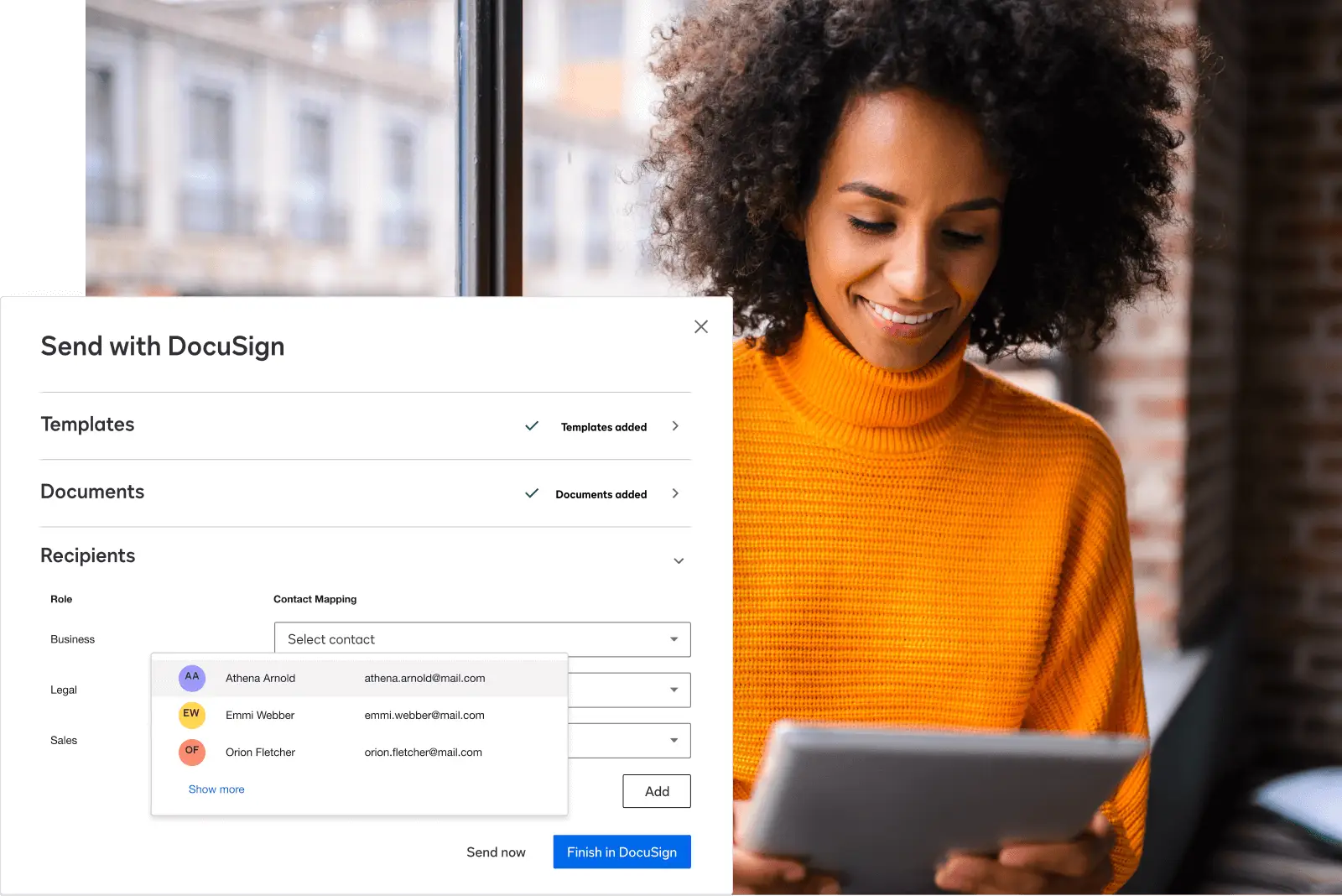 A woman with a tablet uses DocuSign to add a template, add a document and add recipients to send an agreement.