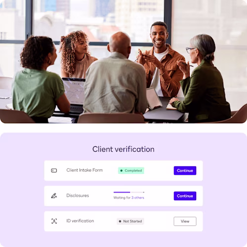 Client meeting discussing client verification, intake form, disclosures, and ID verification with a modern office backdrop.