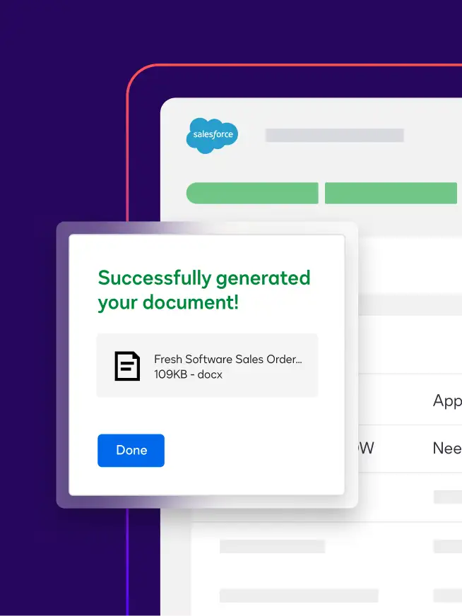 A notification in Docusign Document Generation says "Successfully generated your document!"