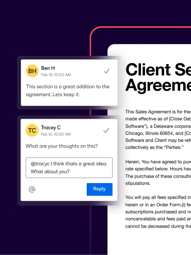 Two people make comments on a Client Service Agreement discussing whether to add a section to the agreement.