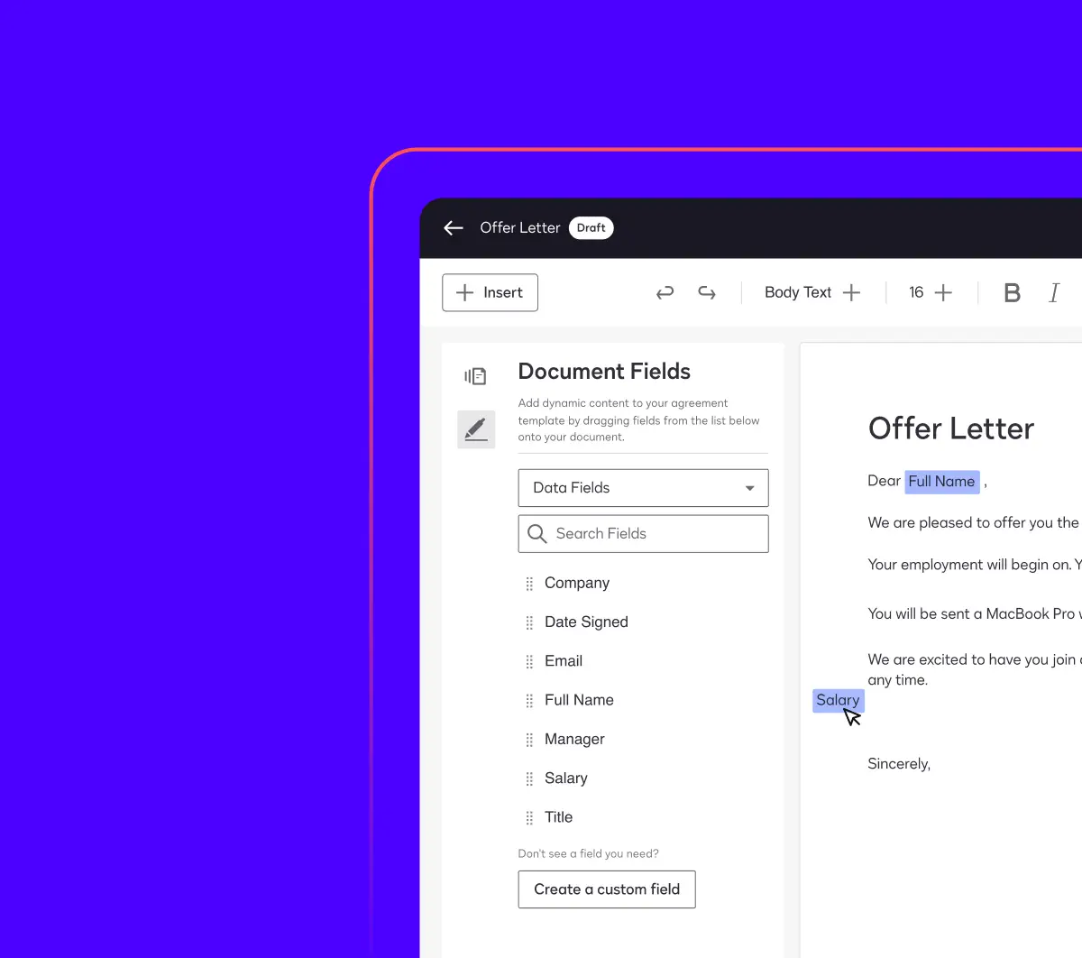 A screen in Docusign Document Generation shows the fields a user can add to an offer letter document, including company, date signed, email, full name, and more