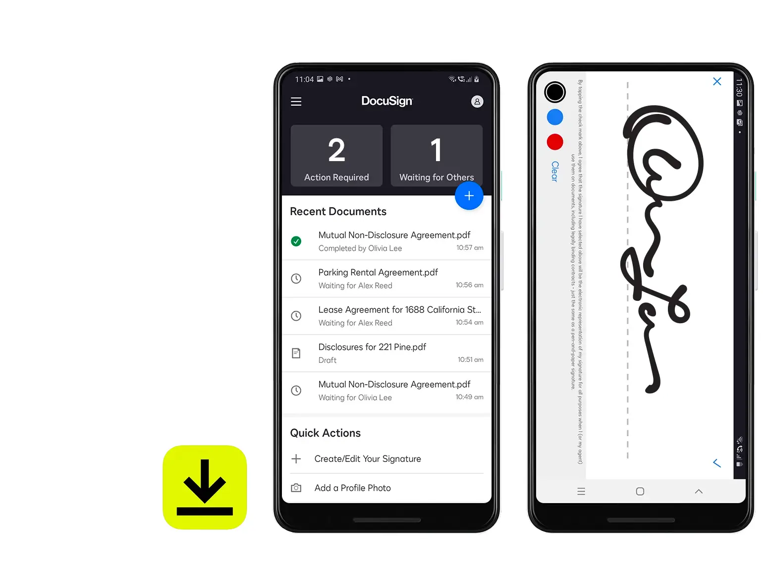 Capture d’écran de l’application mobile DocuSign pour Android.