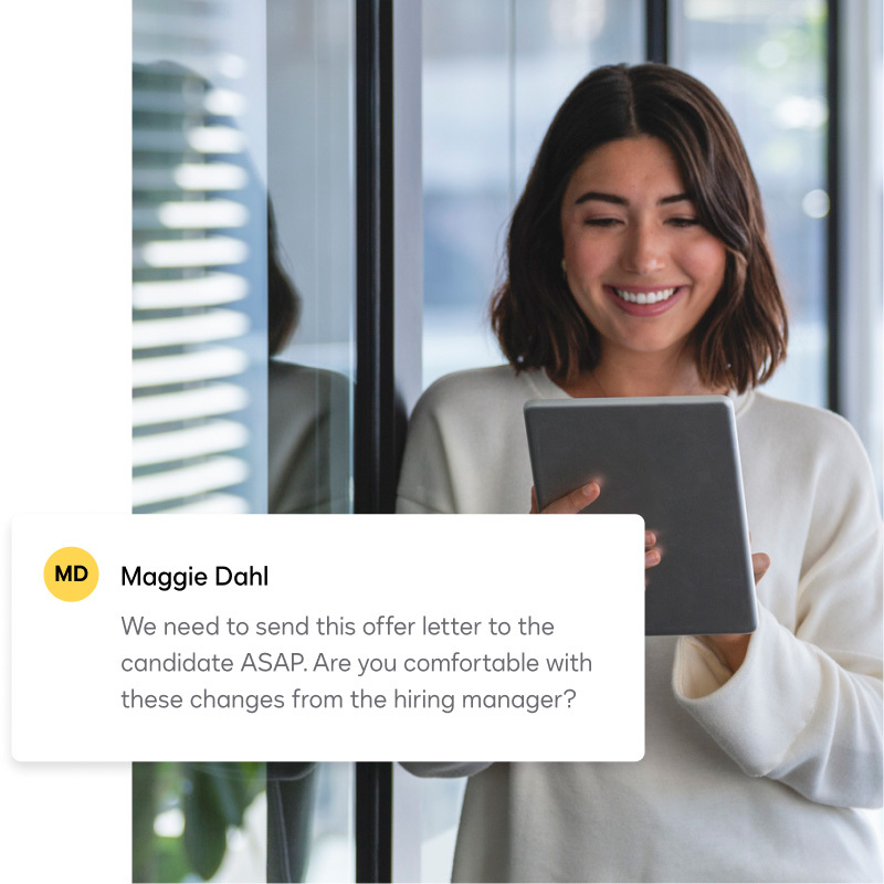 A notification prompts a user to review the hiring team's changes to an offer letter before it is sent to the candidate for signature.