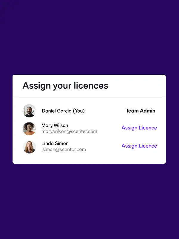 Assign your licenses window with list of team members.