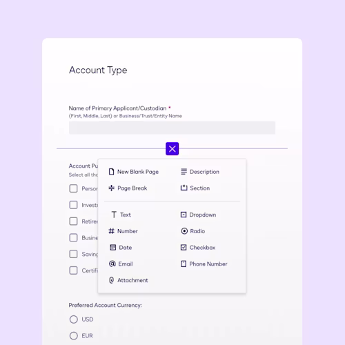 Docusign Web Forms' no-code interface with options to set up a new question in a form by selecting whether a field should be text, number, dropdown, or other options.