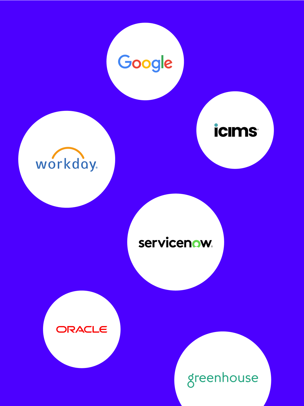 Logotipos do Google, Workday, iCIMS, ServiceNow, Oracle e Greenhouse