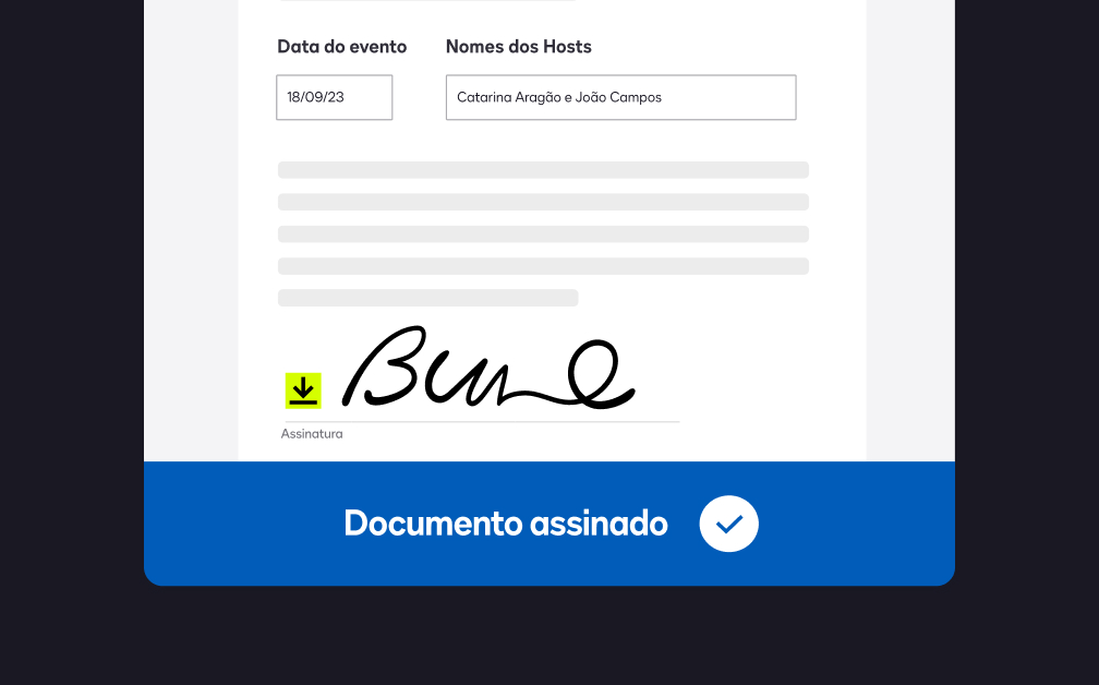 Um documento com uma assinatura e uma nota dizendo, “Documento assinado”