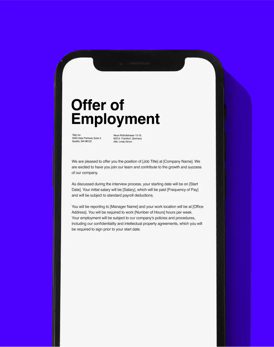 A phone screen showing an offer of employment document that a user can incorporate into their agreement workflows with DocuSign’s integration with Microsoft Power Automate.