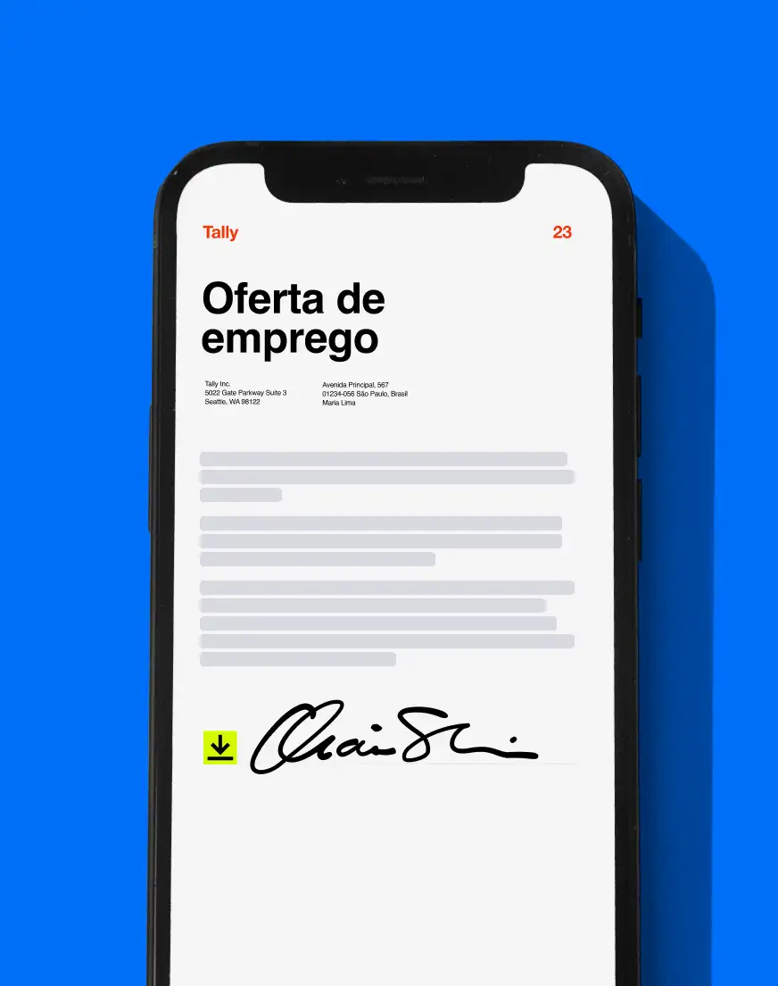Uma tela de celular mostrando um documento de oferta de emprego que um usuário pode incorporar aos seus fluxos de trabalho para assinatura de acordos com a integração do DocuSign com Microsoft Power Automate.