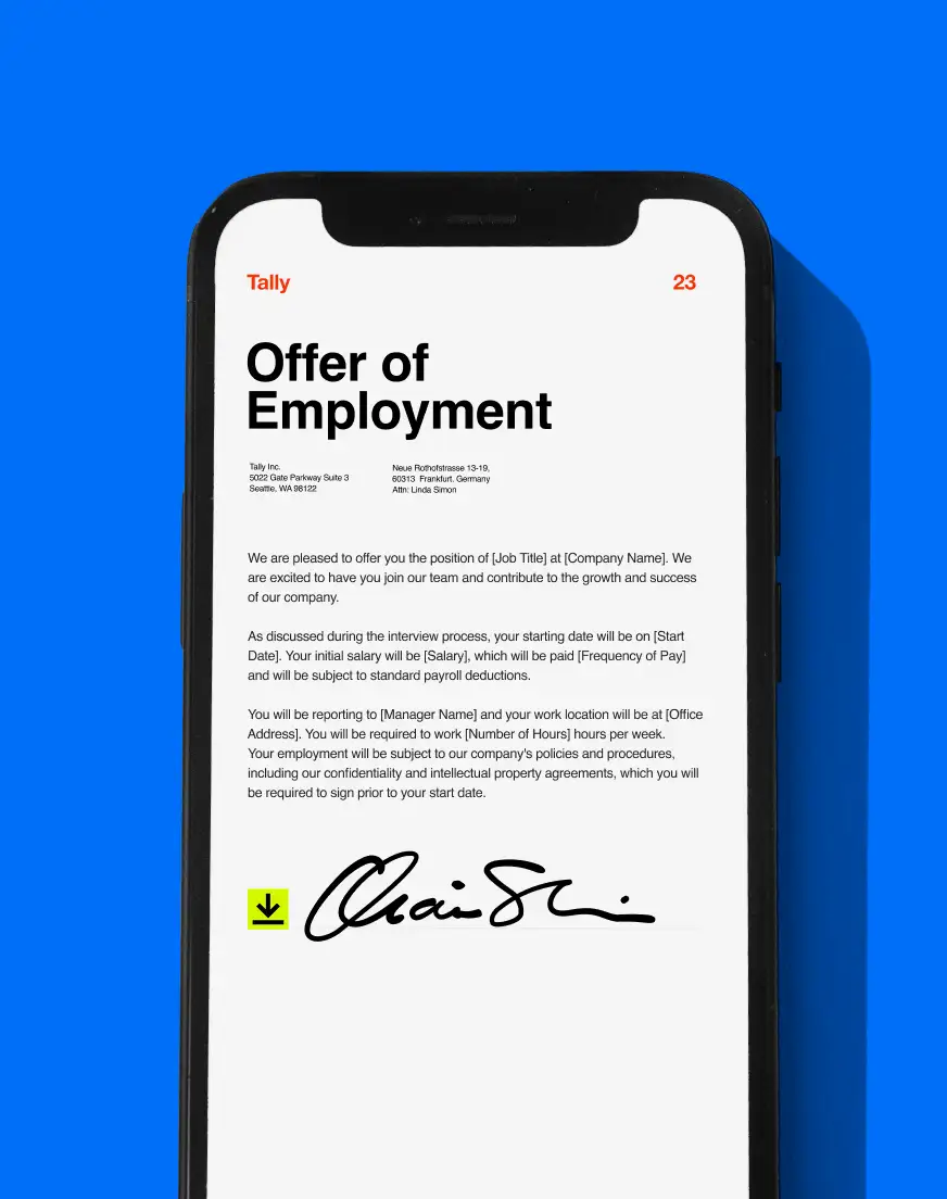 A phone screen showing an offer of employment document that a user can incorporate into their agreement workflows with DocuSign’s integration with Microsoft Power Automate.