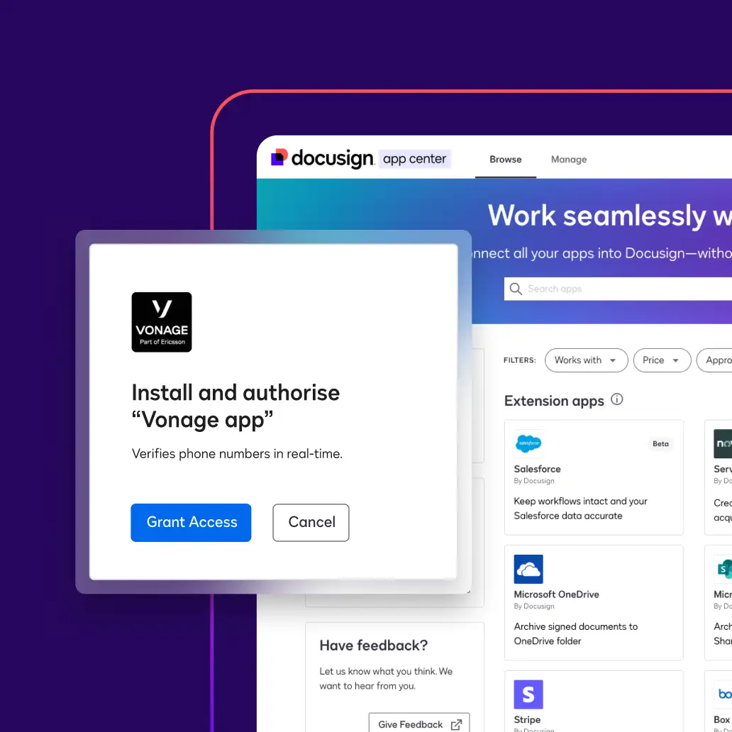A notification asks a user if they want to connect the Vonage app to their Docusign account to automate their verification processes.