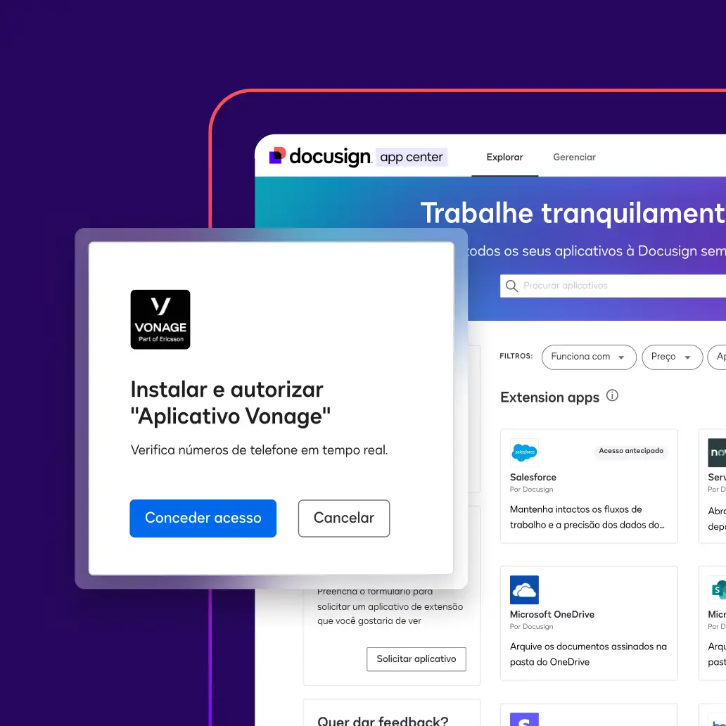 Uma notificação pergunta ao usuário se ele deseja conectar o aplicativo Vonage à sua conta Docusign para automatizar seus processos de verificação.