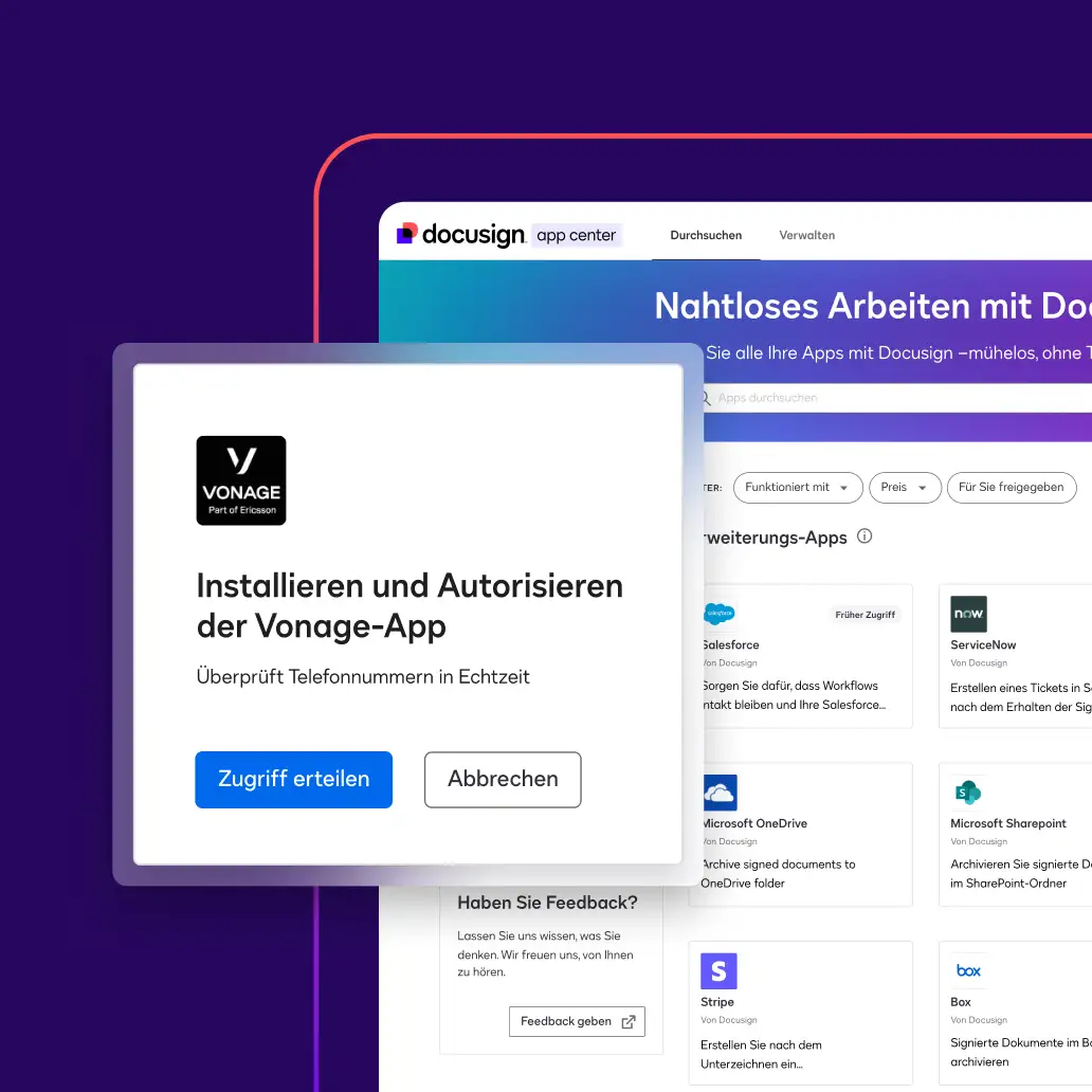 Eine Benachrichtigung fragt den Benutzer, ob er die Vonage-App mit seinem Docusign-Konto verbinden möchte, um seine Verifizierungsprozesse zu automatisieren.