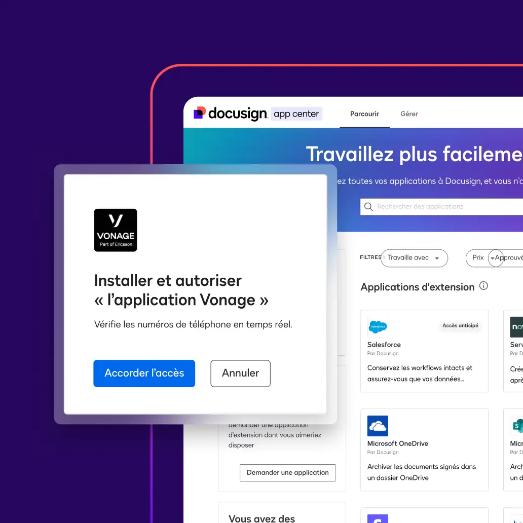 Une notification demande à un utilisateur s'il souhaite connecter l'application Vonage à son compte Docusign pour automatiser ses processus de vérification.