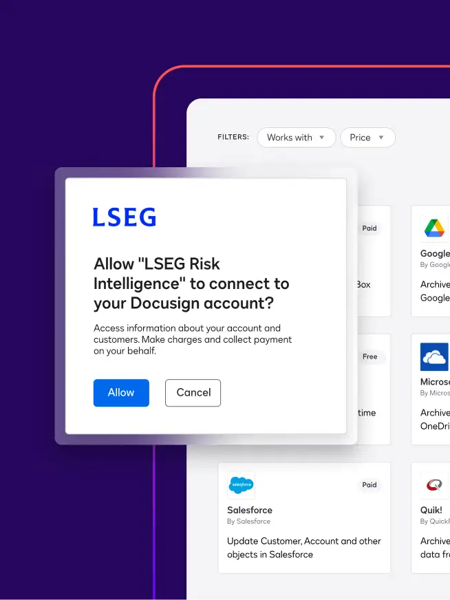 A notification asks a user if they want to connect LSEG Risk Intelligence to their Docusign account to automate their verification processes.