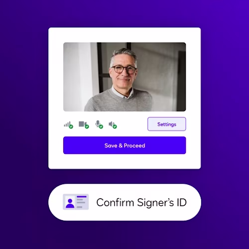 Identity check interface for a notary on-demand platform showing a video preview, device connection indicators, and a "Save & Proceed" button.